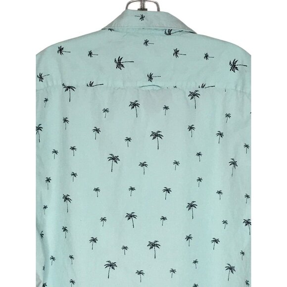 Denim & Flower Mens L Short Sleeve Button Down Shirt Baby Blue Palm Tree Print - Picture 7 of 13